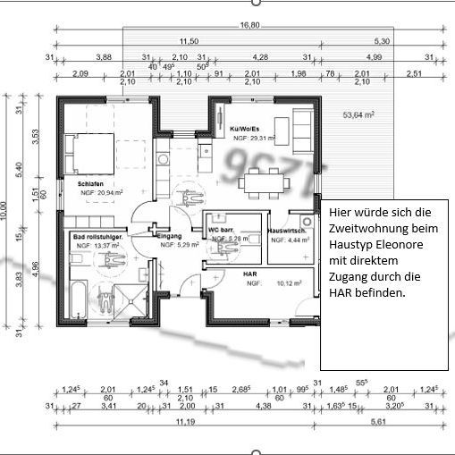 Grundriss des behindertengerechten Bungalows Maresi Grundriss eines Hauses mit Zimmern, Küche und Badezimmer, Maßstab und Beschriftungen angegeben.