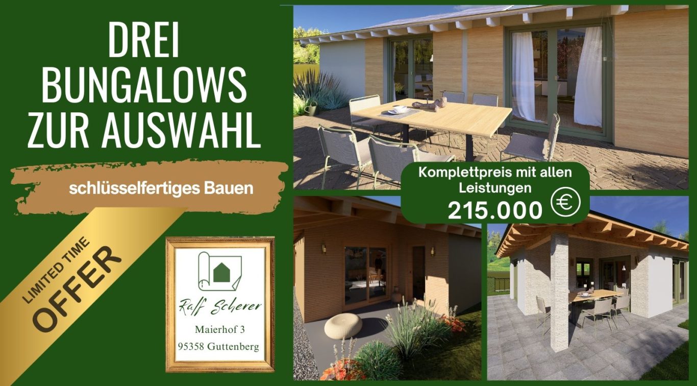 Bildcollage mit vier Bungalows in unterschiedlichen Fassaden- und Dachvarianten, ergänzt durch das Logo von HT Scherer BAUprojekt in der Mit