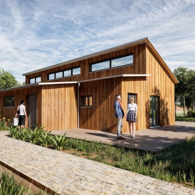 Seitenansicht des rollstuhlgerechten Holzhauses in voll ökologischer Bauweise Holzhaus mit modernem Design, umgeben von Pflanzen und sonnigem Himmel.