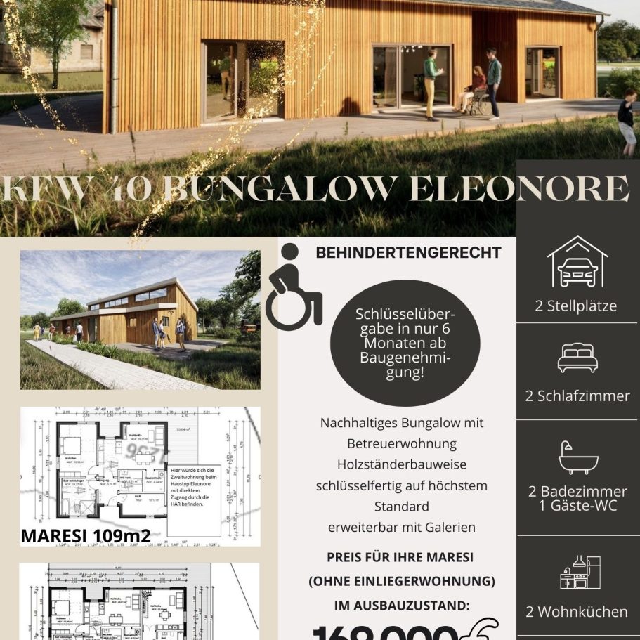 Flyer mit Preisen für die verschiedenen Ausbaupakete bei den Häusern Holzbungalow Eleonore mit barrierefreier Gestaltung und Grundriss. Garten und Eingang sichtbar.