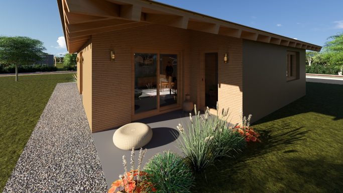 Nachhaltiger Bungalow mit moderner Holzfassade, kleinem Sitzbereich im Garten und schlichter, naturnaher Architektur