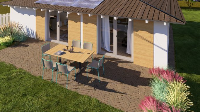 Moderner Bungalow Finn mit Satteldach, Solaranlage und gepflasterter Terrasse – nachhaltiges Wohnen mit direktem Zugang zum Garten