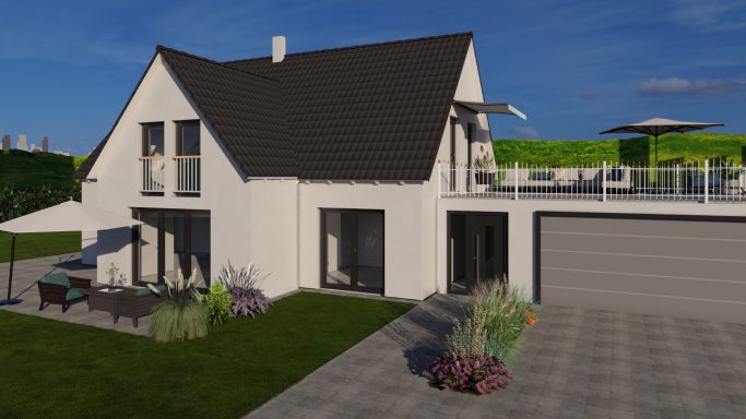 Modernes massiv gebautes Einfamilienhaus mit klassischem Satteldach, Dachterrasse und integrierter Doppelgarage – Wohnen mit Komfort