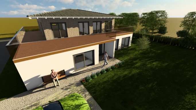 Moderne Stadtvilla mit Flachdach-Terrasse, großzügigem Gartenbereich und bodentiefen Fenstern – urbanes Wohnen mit viel Platz und Licht