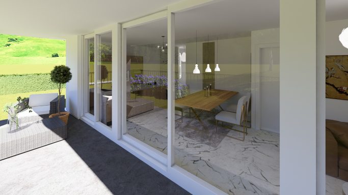 Große Glasfront mit Blick auf den offenen Wohn- und Essbereich eines modernen Bungalows – lichtdurchflutetes Raumkonzept mit Terrasse