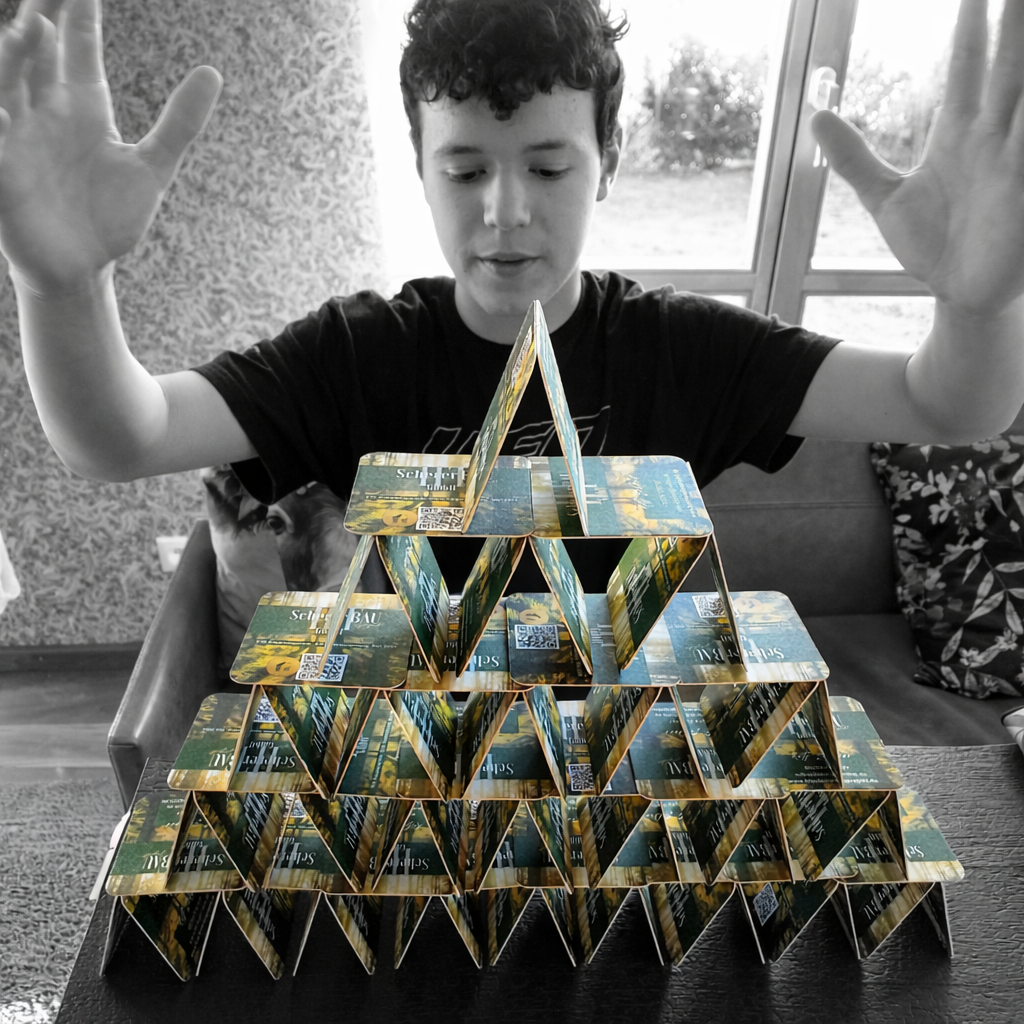 Ein Kartenhaus als Sinnbild für die Bedeutung der richtigen Baustoffwahl und Bauweise – jede Konstruktion hat ihre Berechtigung