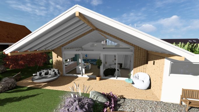 Gartenansicht eines modernen Bungalows mit überdachter Terrasse, Holzfassade, großer Glasfront und gemütlicher Sitzlounge