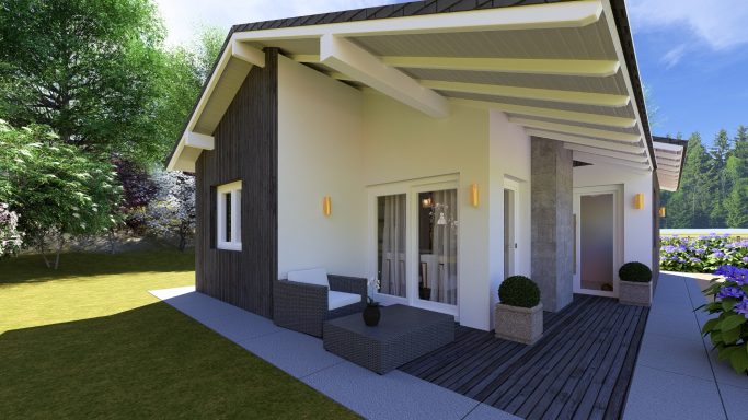 Moderner Bungalow mit überdachter Terrasse, Holzfassade und einladendem Eingangsbereich in ökologischer Bauweise